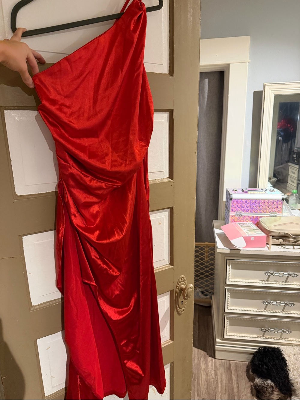 Amazon One-Shoulder Red Satin Evening Gown
